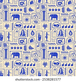 Retro hand drawn tropical summer seamless pattern. Traditional patchwork style background illustration. Vintage exotic nature textile print, jungle animal texture with elephant, flower, palm tree.