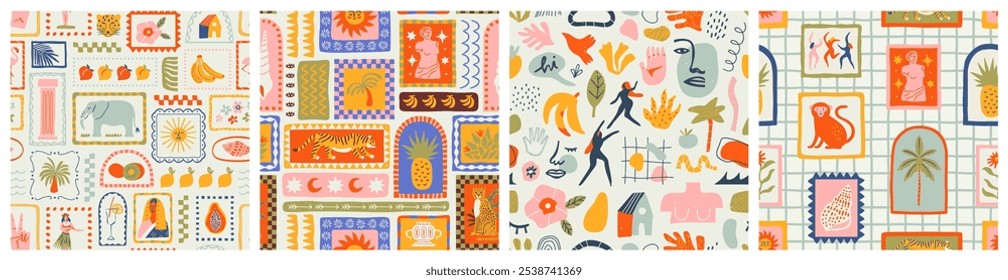 Retro hand drawn tropical summer seamless pattern set. Traditional patchwork style background illustration. Vintage exotic nature textile print collection. Jungle animal texture with tiger, palm tree.