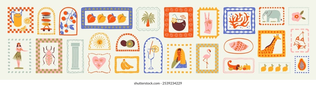 Retro hand drawn tropical summer shape set. Jungle nature illustration collection. Vintage exotic clip art of palm tree, fruit and hawaiian dancer. Geometric patchwork mosaic style element bundle.