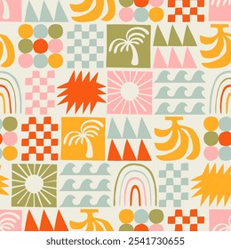 Retro handgezeichnete tropische Sommer nahtlose Muster. Geometrische Form Patchwork Tapeten Hintergrund Illustration. Vintage exotische Natur Mosaik-Print, Dschungel Palmen Textur.