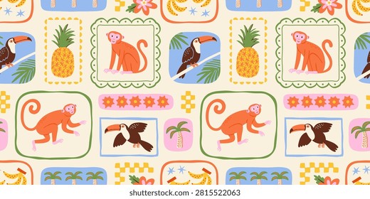 Retro hand drawn tropical summer seamless pattern. Traditional patchwork style background illustration. Vintage exotic nature textile print, jungle animal texture with monkey, toucan, palm tree.