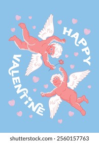 Retro hand drawn Valentine's Day card featuring a couple of cupids flying towards each other with a flower. Cute characters for a romantic holiday.