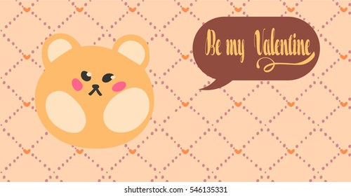 Retro hand drawn Valentine's Day card with charming little hamster on pretty background. Speech bubble with quote Be my Valentine.