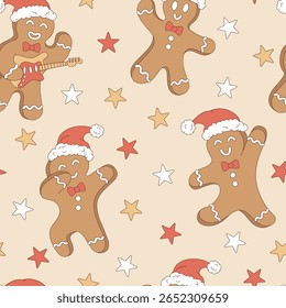 Retro mão desenhado Vecor sem costura padrão com dança e Dabbing Gingerbread Man no chapéu de Santa e com guitarra. Ideal para papel de embrulho festivo, têxteis de férias, convites para festas de Natal e