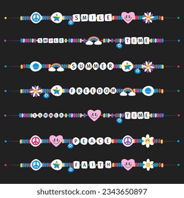 Retro hand drawn vector of children's friendship accessories, including beads, bracelets, necklaces. Card icons in the style of the 90s, multicolored and beaded.