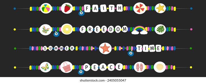 Retro hand drawn vector of children's friendship accessories, including beads, bracelets, necklaces. Card icons in the style of the 90s, multicolored and beaded.