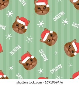 Retro hand drawn vector illustration of cat with red christmas hat seamless background