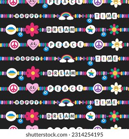 Retro hand drawn vector seamless pattern of children's friendship accessories, including beads, bracelets, necklaces. Card icons in the style of the 90s, multicolored and beaded.