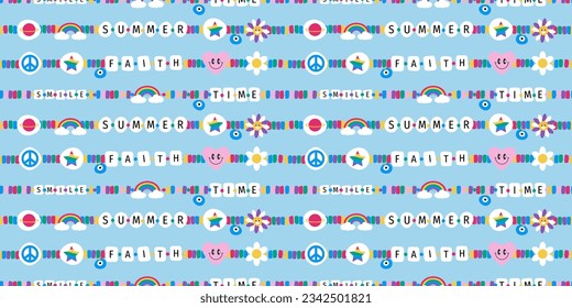 Retro hand drawn vector seamless pattern of children's friendship accessories, including beads, bracelets, necklaces. Card icons in the style of the 90s, multicolored and beaded.