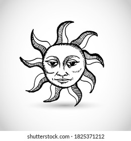 Retro hand drawn vector sun with a face