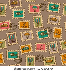 retro hand drawn vector travel stamp pattern