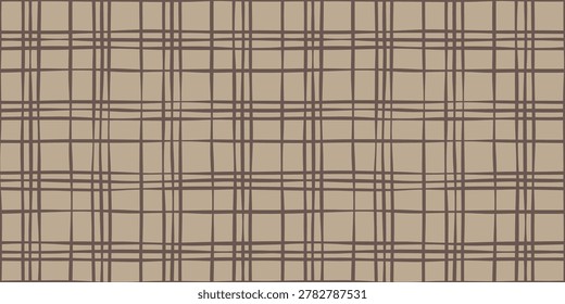 Retro hand drawn wavy gingham plaid check seamless vector pattern brown background