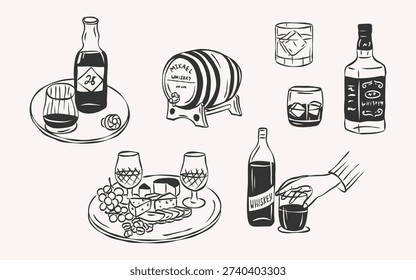 Retro hand drawn whiskey elements collection