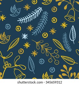 Retro hand drawn winter holidays seamless patterns with Mistletoe, bells, Christmas trees, birds, snowflakes