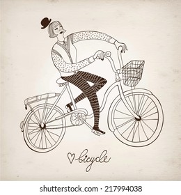 Retro hand drawn woman on a bicycle on paper background.