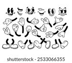 
Retro hand, foot and face. Vector set Comic groovy hands in gloves, vintage legs and foot in shoes and funny emotion black and white. Different poses arm and feet. Body parts mascot. 