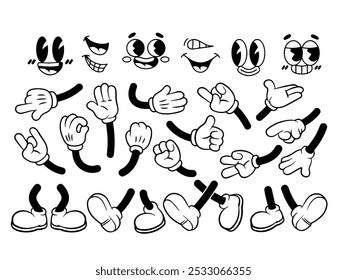 
Retro hand, foot and face. Vector set Comic groovy hands in gloves, vintage legs and foot in shoes and funny emotion black and white. Different poses arm and feet. Body parts mascot. 