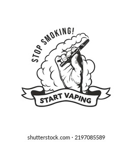 Retro hand holding vapor logo. smoking electronic cigarettes logo design template