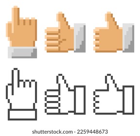 Retro hand icon, pointer, finger. Vector illustration in pixel style.