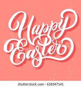 Retro hand lettering Happy Easter fancy calligraphy text, isolated on salmon pink background. Vector illustration with grunge texture. Can be used for holiday typography design.