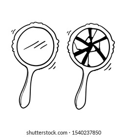 retro hand mirror drawing set, new and broken with doodle cartoon style vector svg