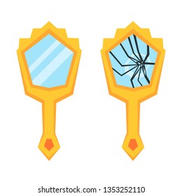 Retro hand mirror set. New and broken mirror. Vector illustration.