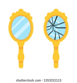 Retro Hand Mirror Set. New And Broken Mirror. Vector Illustration.