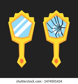 Retro hand mirror set. New and broken mirror. Vector illustration.