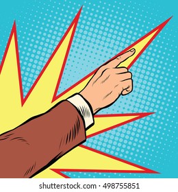 Retro hand pointing to the right up. comic background. pop art vector illustration