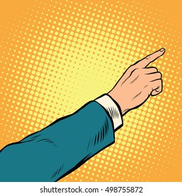 Retro hand pointing to the right up, pop art vector illustration