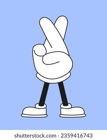 Retro hand sticker concept. Back to 80s and 90s. Character with crossed fingers. Emotions, feelings and gestures. Social media sticker. Cartoon flat vector illustration isolated on blue background