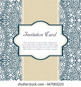 Retro hand-drawn card with mandala. Vintage background with place for text. Can be used for invitation, banner, others cards.