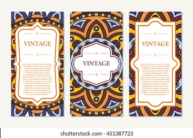 Retro hand-drawn card with mandala. Vintage background with place for text. Can be used for invitation, banner, other cards.