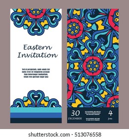 Retro hand-drawn card with mandala. Vintage background with place for text. Can be used for invitation, banner, others cards. Christmas invitation cards for your design