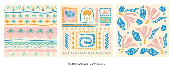 Retro hand-drawn culturistic tropical summer shape set. Pastel Jungle nature illustration collection. Vintage exotic clip art palm tree, flower, abstract pattern. Geometric mosaic  element bundle