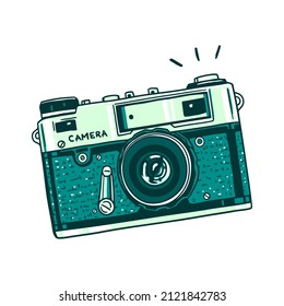 Retro hand-drawn hipster photo camera isolated on white background. Vintage vector illustration for design, print for t-shirt, poster, card. Smile.