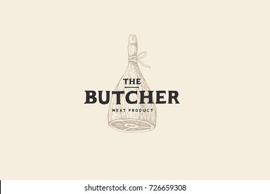 Retro hand-drawn logo butcher shop with picture of ham. Engraving label with sample text. Template for meat business. Vector Illustration.