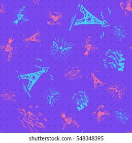 Retro hand-drawn sketches color seamless background with love symbols for valentines and wedding day. Vector illustrations
