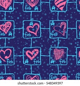 Retro hand-drawn sketches color seamless background with hearts for valentines and wedding day. Vector illustrations