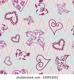 Retro hand-drawn sketches color seamless background with hearts for valentines and wedding day. Vector illustrations