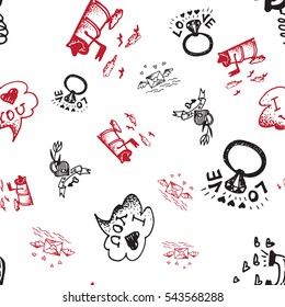Retro hand-drawn sketches seamless background with love symbols for valentines and wedding day. Vector illustrations