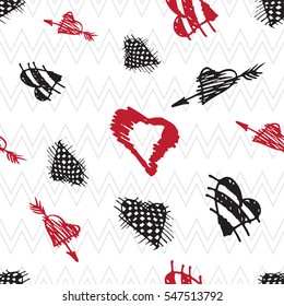 Retro hand-drawn sketches seamless background with hearts for valentines and wedding day. Vector illustrations