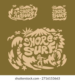 Retrô desenhado à mão ilustração surfista aventura de surf no oceano praia verão natureza parque nacional. Vestuário exterior vintage design