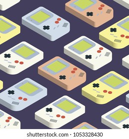 Retro handheld game consoles isometric seamless pattern