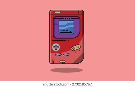 Retro handheld gaming console illustration in flat vector style, red portable game device with classic buttons, nostalgic 90s gaming design on pink background