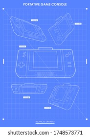 Retro handheld video game device, Modern template for web and print. Hi-tech device concept. technical drawing.