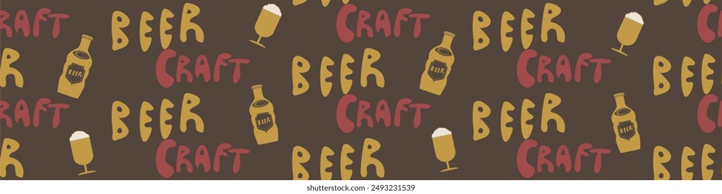 Retro hand-lettered word Beer and tiny bottles seamless vector border. Banner with hand-drawn alcoholic drinks text and bottles in brown, red, yellow amber gold. For bar, business, brewery