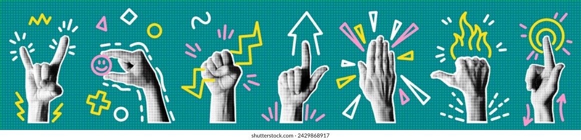 Retro hands. Pop art graphic. Grunge human arm. Doodle fun color line drawing. Vintage comic sticker. Finger gesture. Punk rocker. Halftone newspaper effect. Pointing forefinger. Vector elements set