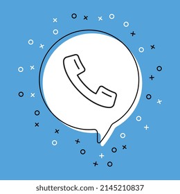 Retro handset phone icon in white speech bubble with decorative elements on a blue background. Modern graphic announcement with thin line symbol. Vector illustration EPS 10