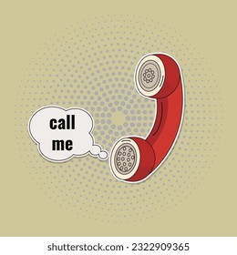 Retro handset sticker, phone with the inscription "call me". Flat vector illustration in cartoon retro style of the 60s, 70s.